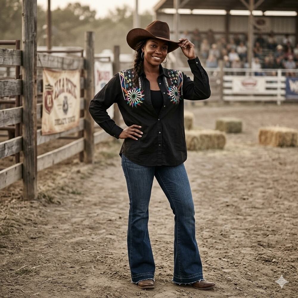 90's VTG Cedars Black Embroidered Button Up Western Boho Colorful Shirt Women 8